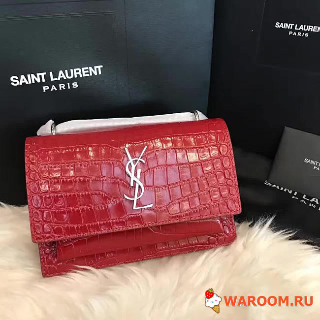 Ysl sunset chain wallet in crocodile embossed shiny leather 4860 17cm x 13cm x 7cm  - 1