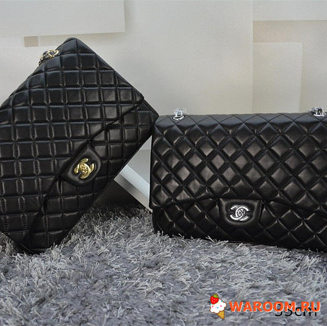 Chanel lambskin leather flap bag with gold/silver chain black 33cm - 1