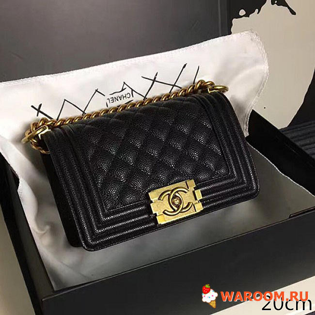 Chanel small quilted caviar boy bag black gold   - 1