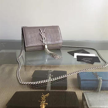 Ysl monogram kate silver tassel in embossed crocodile shiny leather 5039 17cm x 11cm x 14cm