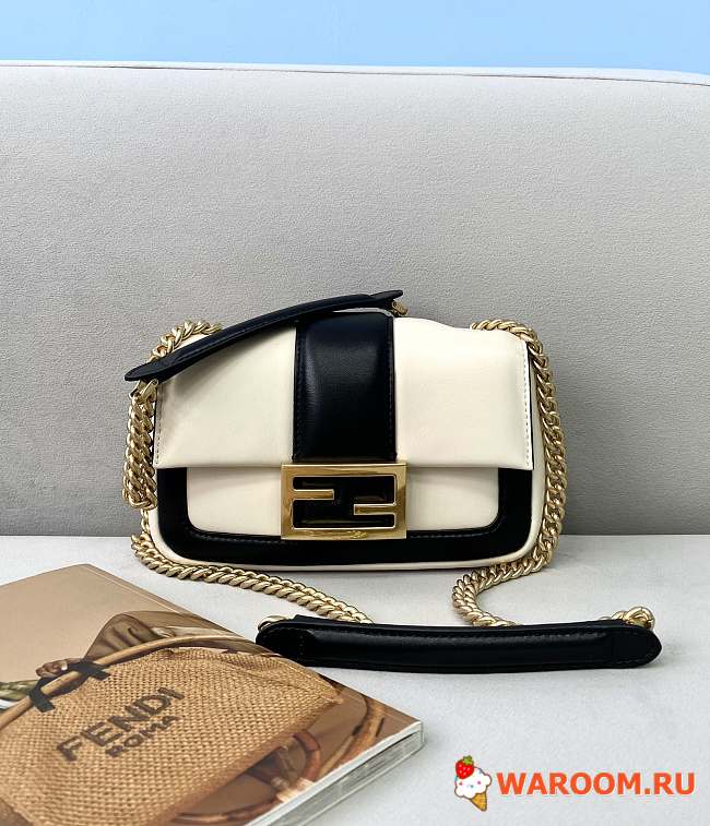 FENDI MINI BAGUETTE CHAIN White And Black Nappa Leather Bag 8BS045 19 × 5 × 10 cm  - 1