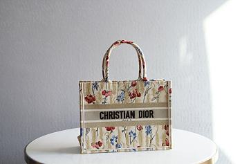 DIOR SMALL BOOK TOTE Beige Multicolor Hibiscus Embroidery M1296 36.5 x 28 x 16 cm