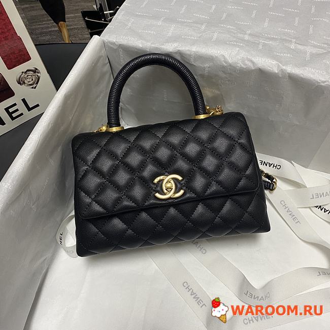CHANEL FLAP BAG WITH BLACK TOP HANDLE Grained Calfskin Gold Metal Black A92990 23 cm - 1