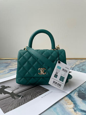 CHANEL EXTRA MINI Coco Handle Bag Grained Leather Castleton Green AS2215 13 × 19 × 9 cm