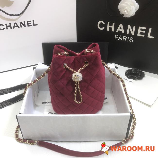 CHANEL Strass Drawstring Bucket Bag Velvet Burgundy AS1894 19 x 13 x 13 cm - 1