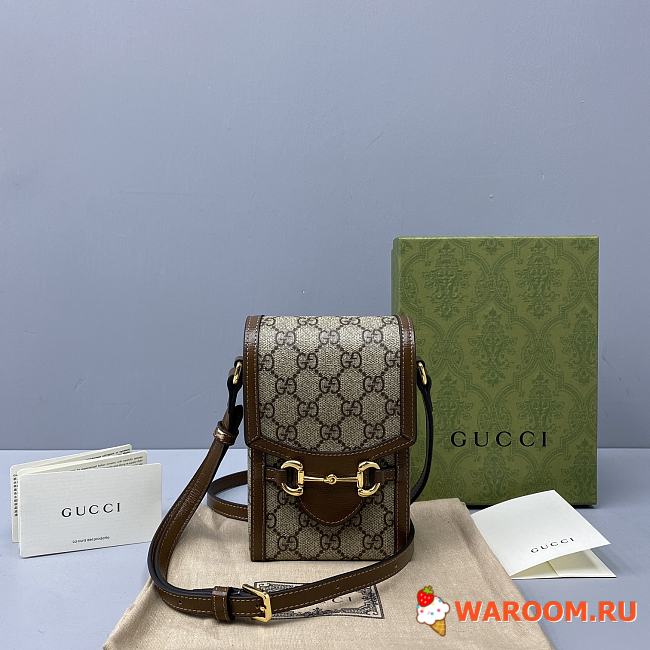GUCCI MINI Horsebit 1955 Bag Ebony GG Supreme Canvas Beige 625615 11.5 x 17 x 4 cm  - 1