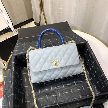 CHANEL MINI Coco Grained Calfskin with Handle Light Blue A92990 23.5 x 13.75 x 9.75 cm