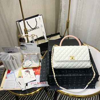 CHANEL SMALL Coco Grained Calfskin With Top Handle Flap Bag White A92991 28.5 x 18.25 x 11.75 cm