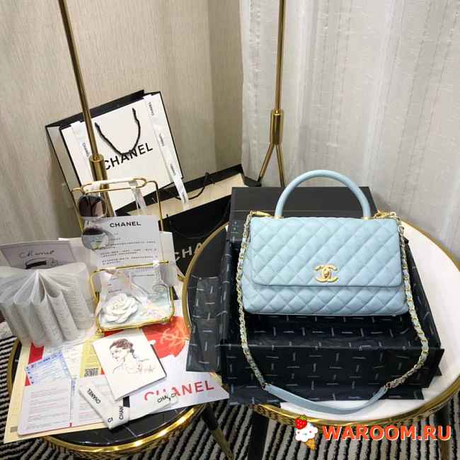 CHANEL SMALL Coco Grained Calfskin With Top Handle Flap Bag Light Blue A92991 28.5 x 18.25 x 11.75 cm - 1
