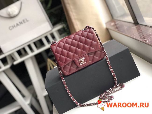 CHANEL MINI Flap Bag Lambskin Silver Metal Burgundy A35200 17cm - 1