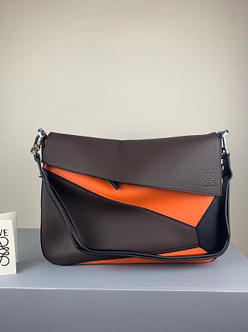 LOEWE Puzzle Messenger Bag Classic Calfskin Dark Brown/Neon Orange 37 x 25 x 9 cm