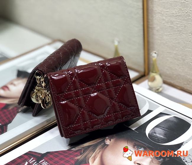 DIOR SMALL WALLET Patent Cannage Calfskin Burgundy 11 x 9 cm - 1