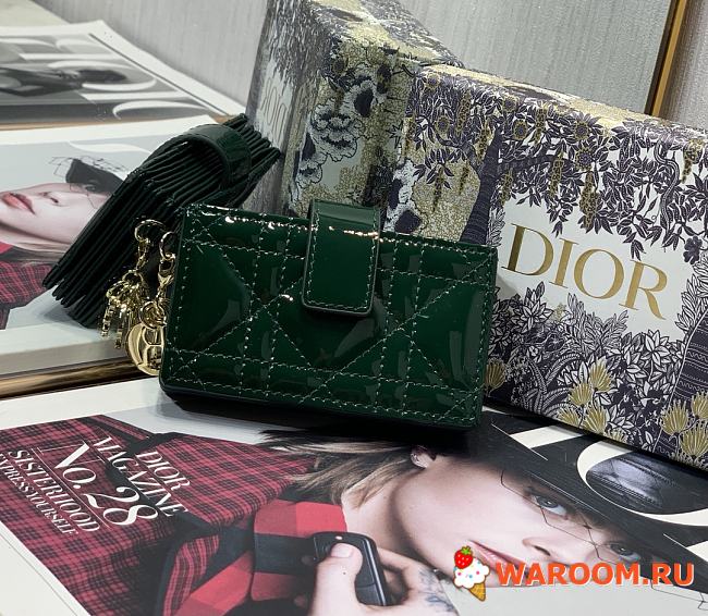 DIOR LADY DIOR 5-GUSSET CARD HOLDER Patent Cannage Calfskin Green S0074 10.5 cm - 1