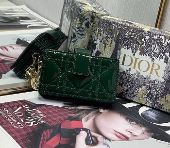 DIOR LADY DIOR 5-GUSSET CARD HOLDER Patent Cannage Calfskin Green S0074 10.5 cm