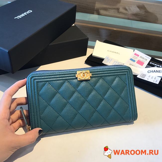 Chanel Boy Long Zipped Wallet Grained Leather Teal A80815 19cm - 1