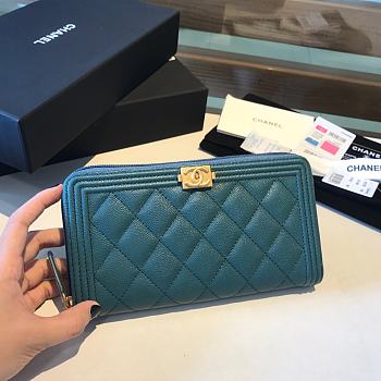 Chanel Boy Long Zipped Wallet Grained Leather Teal A80815 19cm