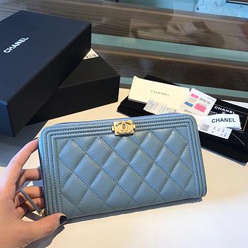 Chanel Boy Long Zipped Wallet Grained Leather Sky Blue A80815 19cm
