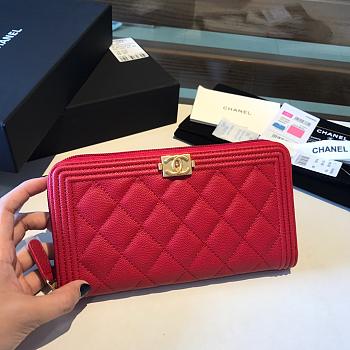 Chanel Boy Long Zipped Wallet Grained Leather Red A80815 19cm