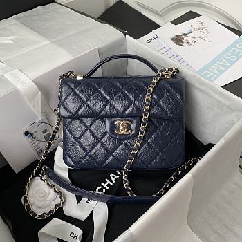 Chanel Mini FLap Bag With Top Handle Crumpled Leather Navy Blue AS2892 20 x 15 x 6.5 cm