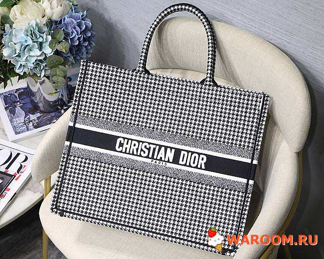 Dior Book Tote Black and White Houndstooth Embroidery 41cm - 1