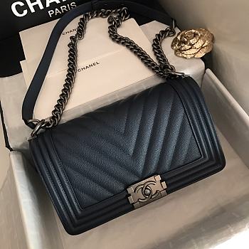 Chanel Medium Boy Bag Chevron Black-tone Metal Grained Leather Dark Blue A67086 25cm
