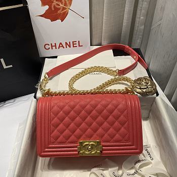 Chanel Medium Boy Bag Classic Gold-tone Metal Grained Leather Peach A67086 25cm