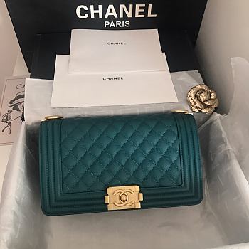 Chanel Medium Boy Bag Classic Gold-tone Metal Grained Leather Teal A67086 25cm