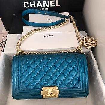 Chanel Medium Boy Bag Classic Gold-tone Metal Grained Leather Ocean Blue A67086 25cm