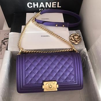 Chanel Medium Boy Bag Classic Gold-tone Metal Grained Leather Purple A67086 25cm