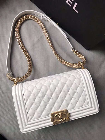 Chanel Medium Boy Bag Classic Gold-tone Metal Grained Leather White A67086 25cm