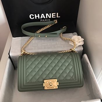 Chanel Medium Boy Bag Classic Gold-tone Metal Grained Leather Green A67086 25cm