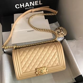 Chanel Medium Boy Bag Classic Gold-tone Metal Grained Leather Light Beige A67086 25cm