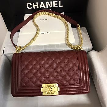 Chanel Medium Boy Bag Classic Gold-tone Metal Grained Leather Burgundy A67086 25cm