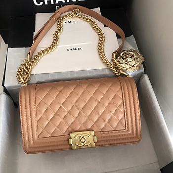 Chanel Medium Boy Bag Classic Gold-tone Metal Grained Leather Beige A67086 25cm