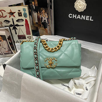 Chanel 19 calfskin in blue green-26×16×9cm