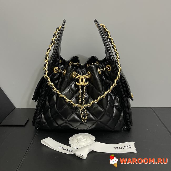 chanel 25c hobo black bright leather 30cm - 1